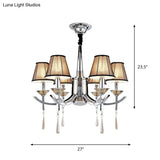 Modern Chrome Tapered Pendant Chandelier With 6 Lights Fabric Shade Crystal Drops - Bedroom Ceiling