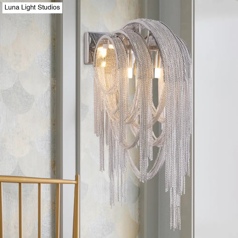 Modern Chrome Tassel Chain Sconce Light Fixture With 2 Lights For Bedroom Wall