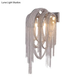 Modern Chrome Tassel Chain Sconce Light Fixture With 2 Lights For Bedroom Wall