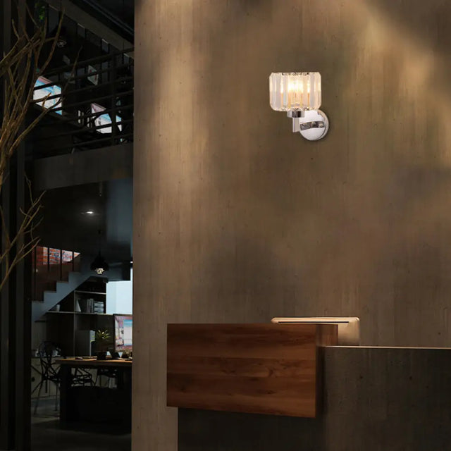 Modern Chrome Wall Sconce Light With Crystal Rod Shade - 1-Light Hallway Mount / Cylinder