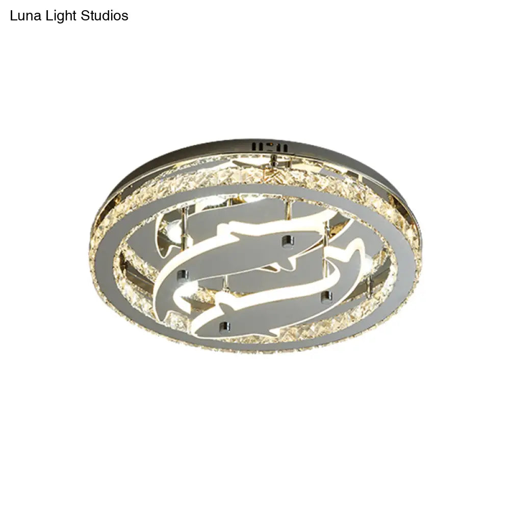 Modern Circle Crystal Block Flushmount Led Ceiling Light With Chrome Finish And Fish Design