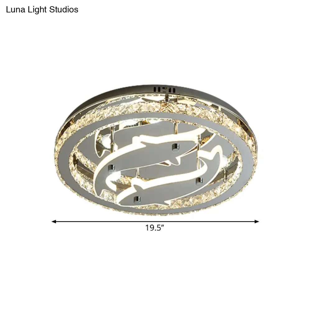 Modern Circle Crystal Block Flushmount Led Ceiling Light With Chrome Finish And Fish Design