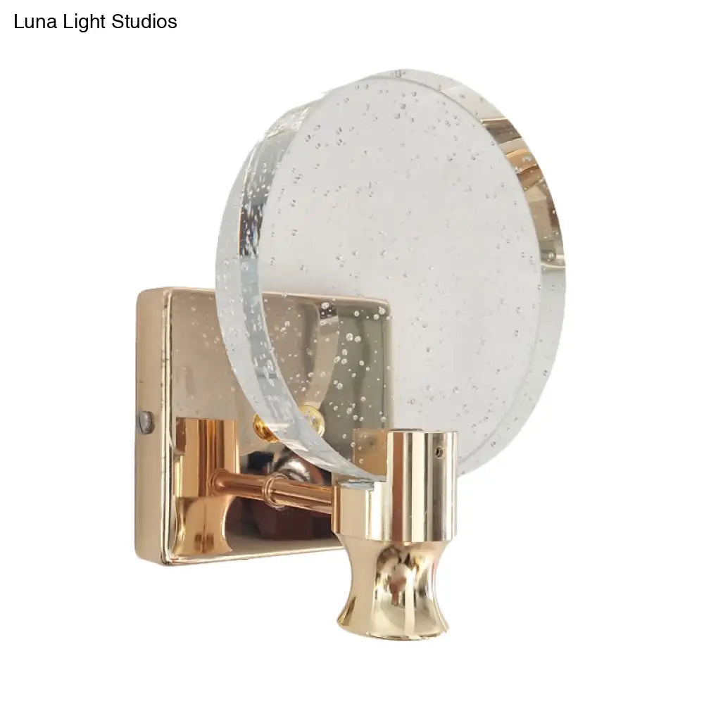 Modern Circle Panel Led Wall Lamp With Bubble Crystal In Gold 5/6 Wide