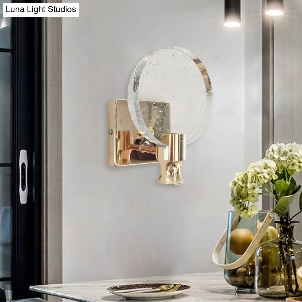 Modern Circle Panel Led Wall Lamp With Bubble Crystal In Gold 5/6 Wide
