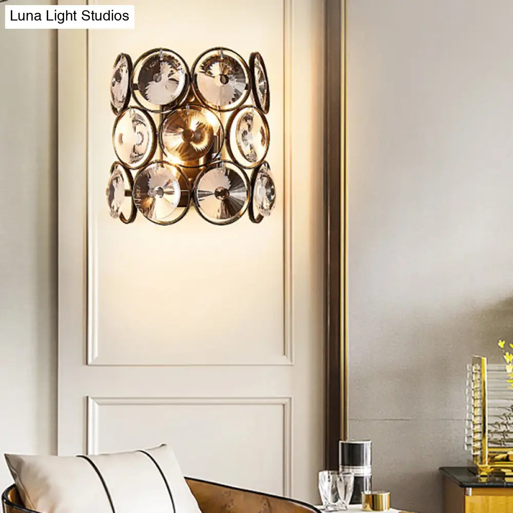 Modern Circles Wall Mount Light With Clear Crystal And Metal Detailing - Black Finish 2-Bulb Bedroom