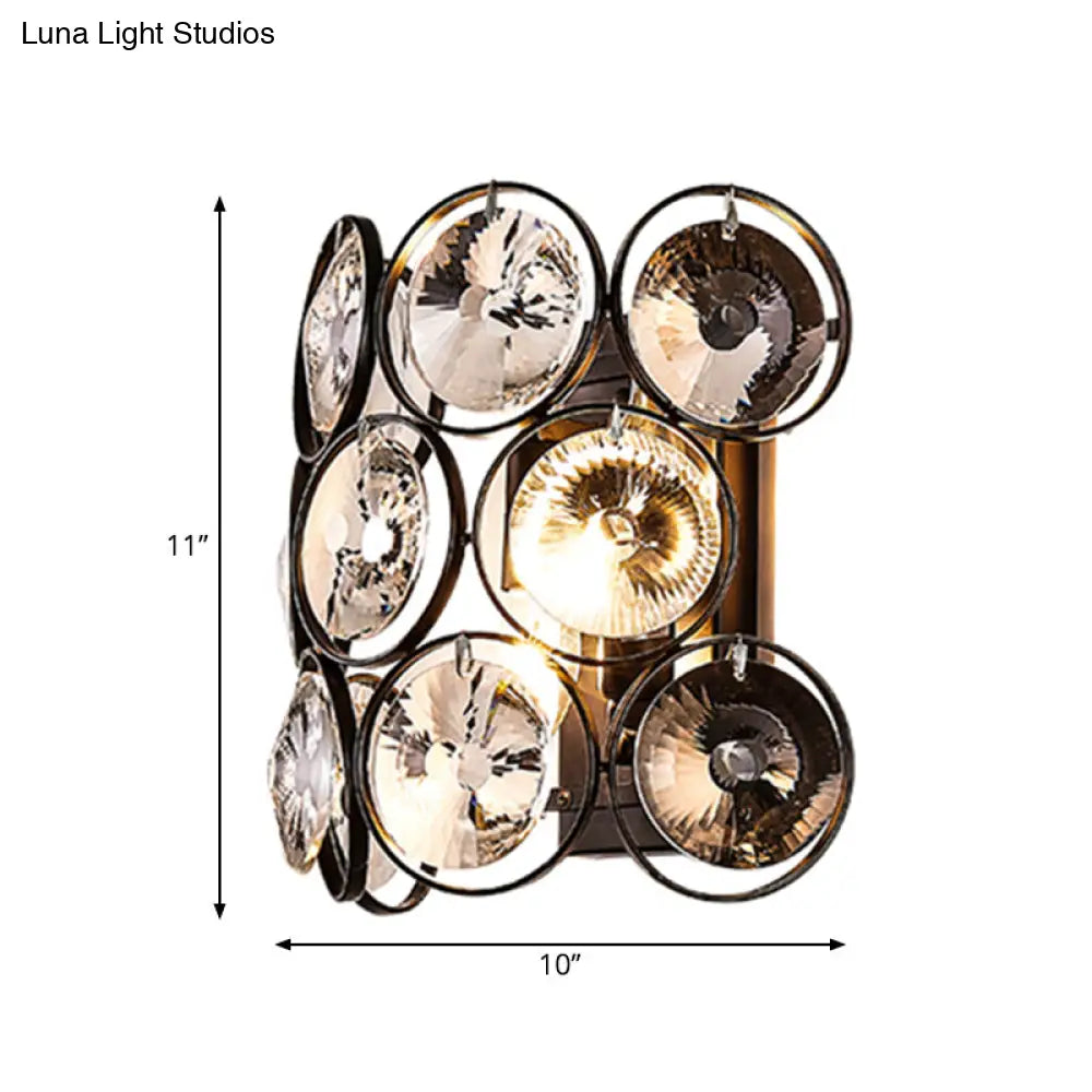 Modern Circles Wall Mount Light With Clear Crystal And Metal Detailing - Black Finish 2-Bulb Bedroom