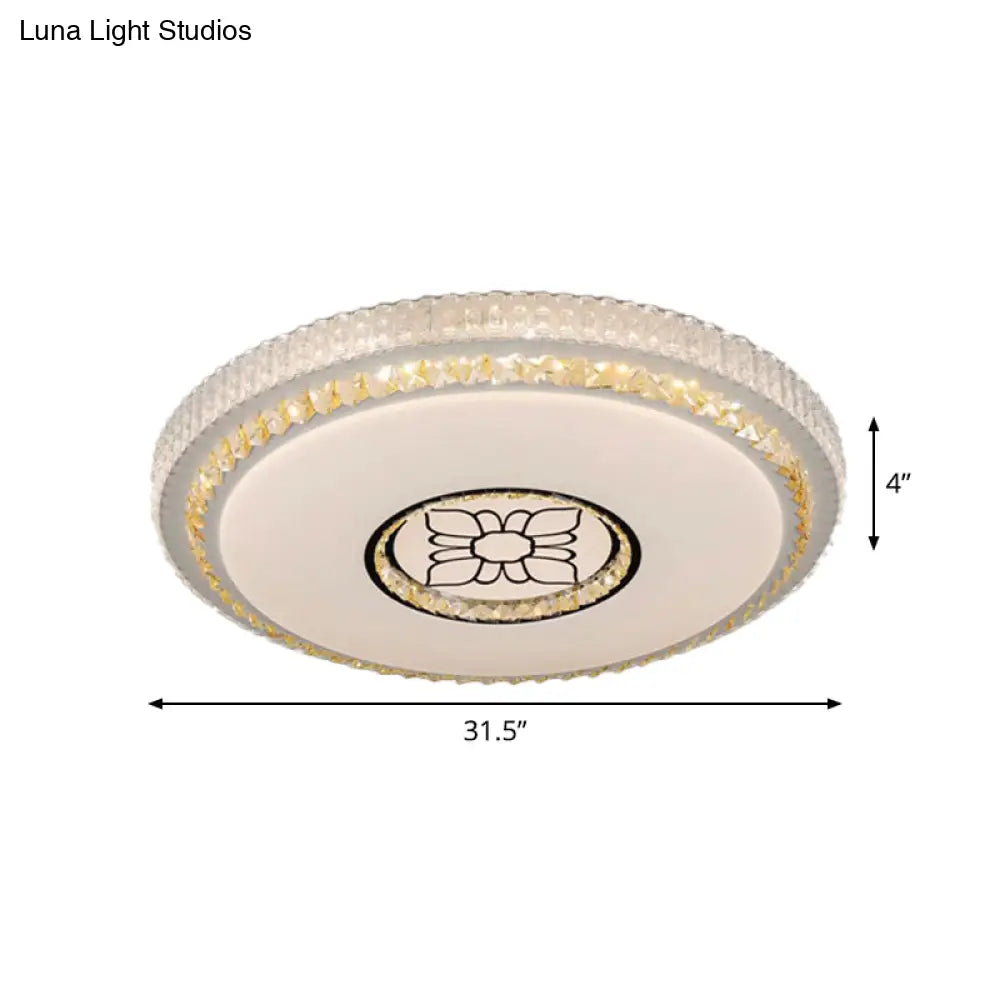 Modern Circular Cut Crystal Led Ceiling Flush Mount With Flower Pattern In White