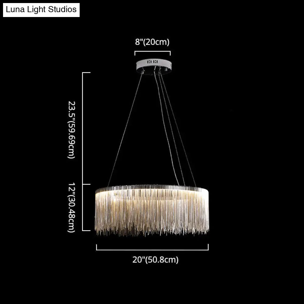 Modern Circular Metal Tassel Chain Chandelier - Living Room Pendant Lamp With 3-Colored Led Lights