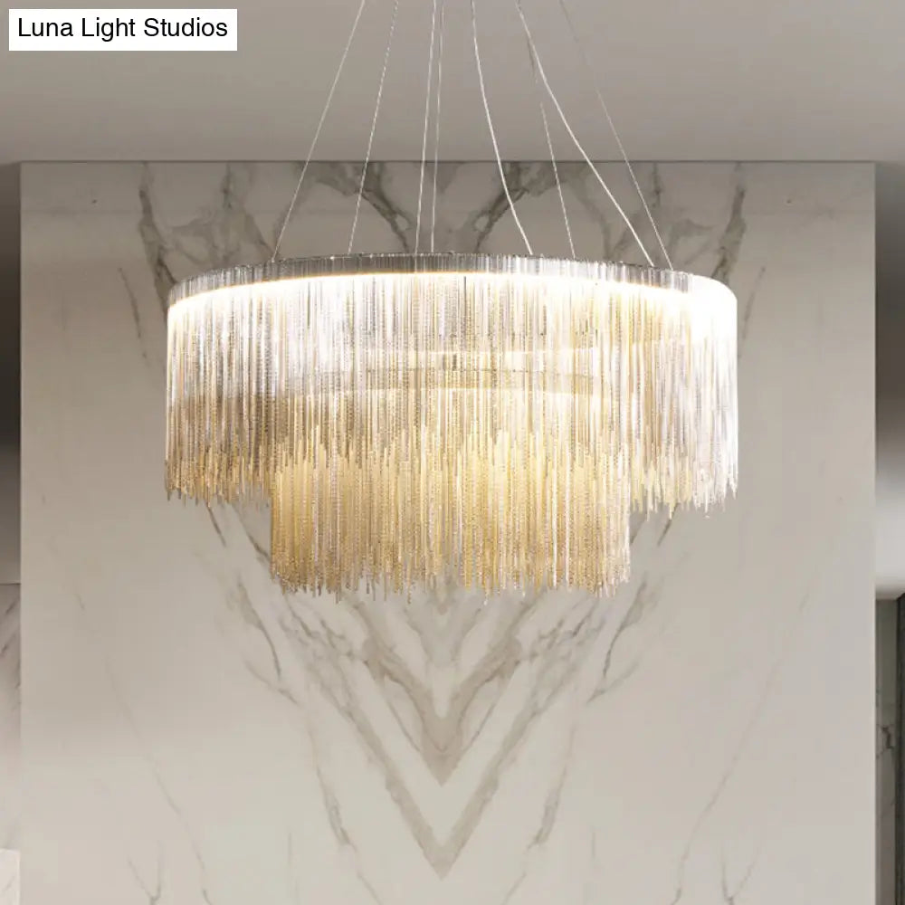 Modern Circular Metal Tassel Chain Chandelier - Living Room Pendant Lamp With 3-Colored Led Lights