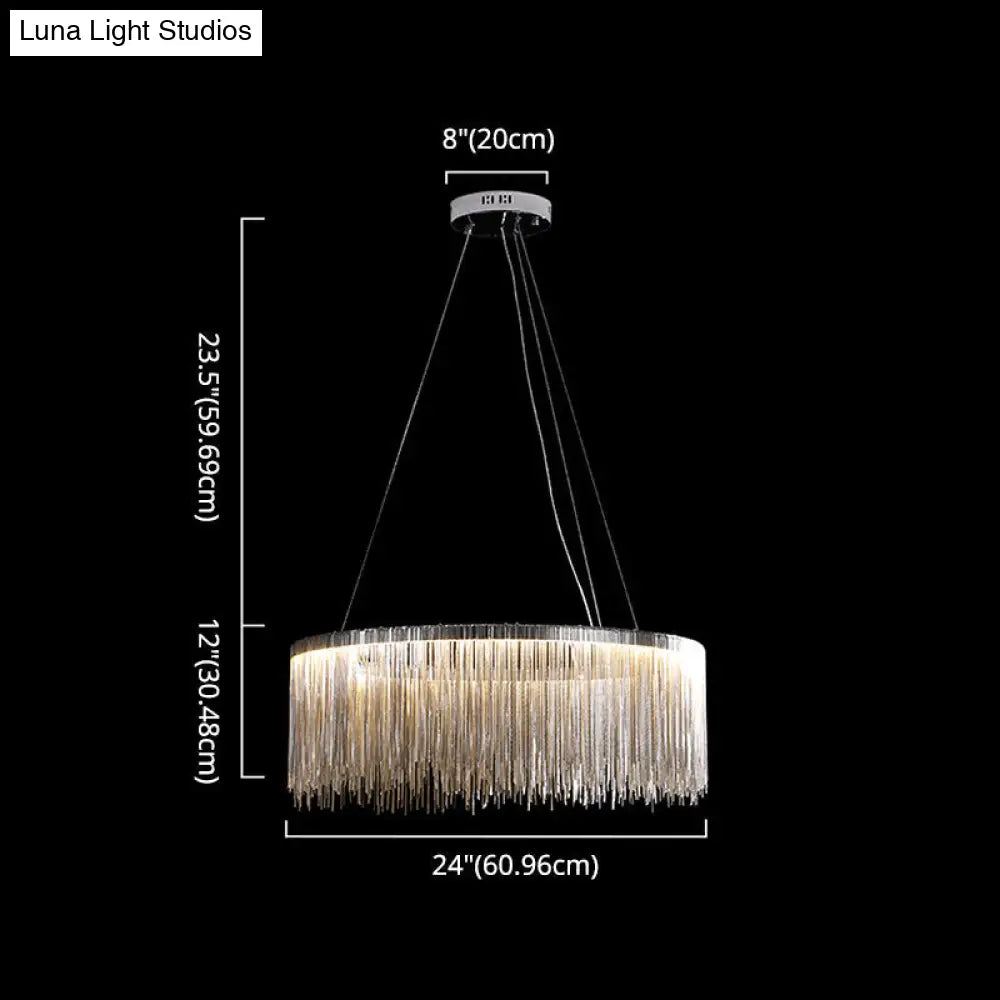 Modern Circular Metal Tassel Chain Chandelier - Living Room Pendant Lamp With 3-Colored Led Lights