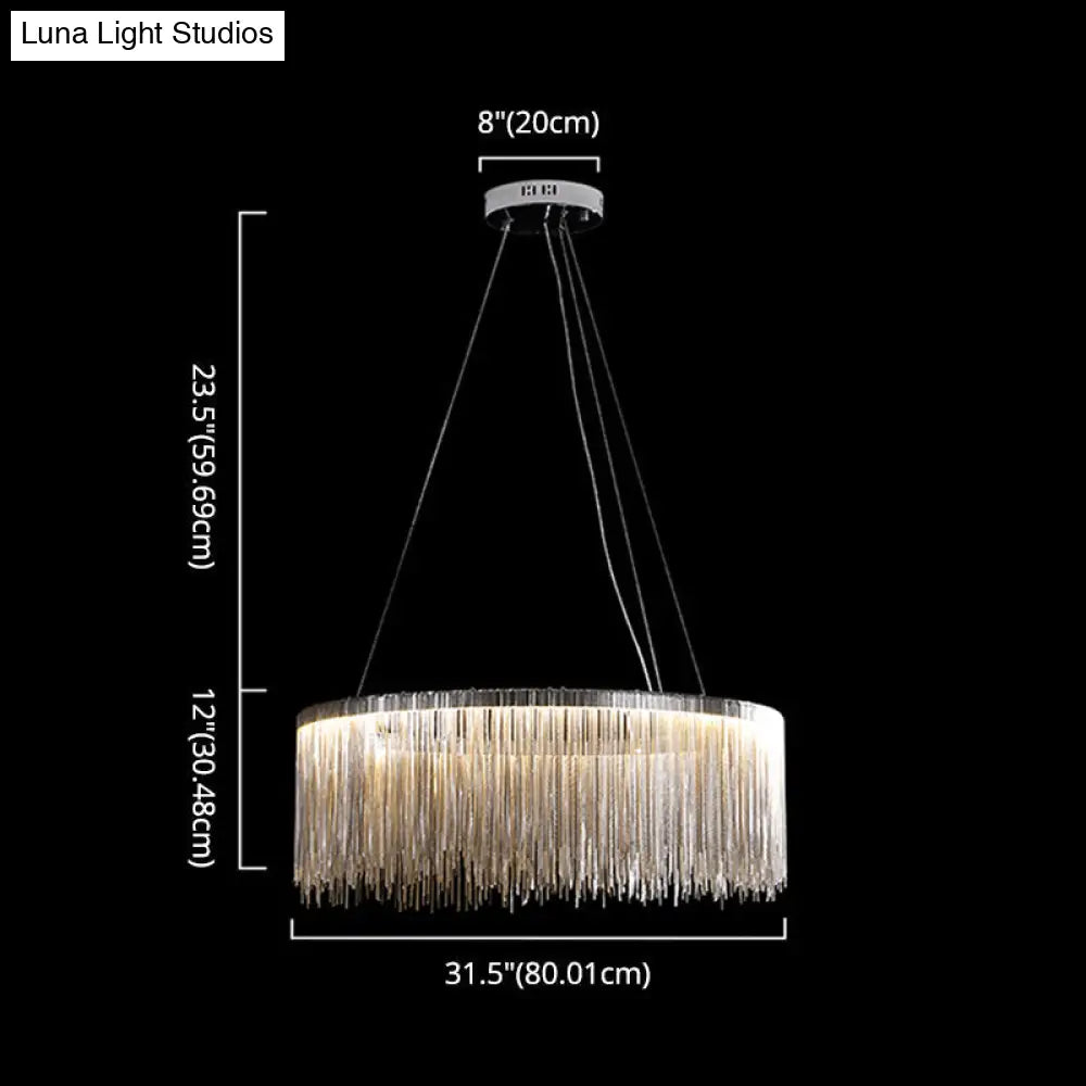 Modern Circular Metal Tassel Chain Chandelier - Living Room Pendant Lamp With 3-Colored Led Lights