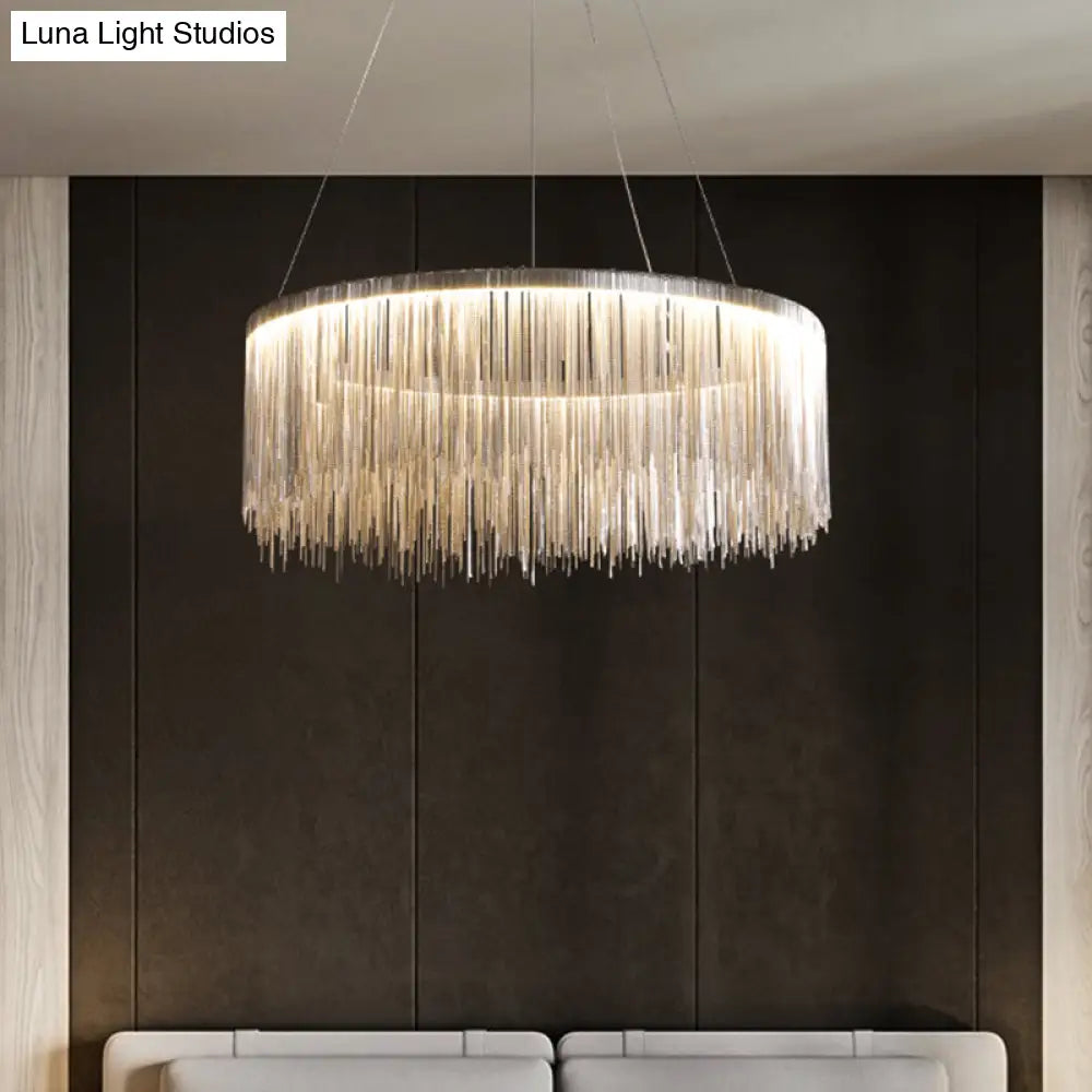 Modern Circular Metal Tassel Chain Chandelier - Living Room Pendant Lamp With 3-Colored Led Lights