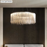 Modern Circular Metal Tassel Chain Chandelier - Living Room Pendant Lamp With 3-Colored Led Lights