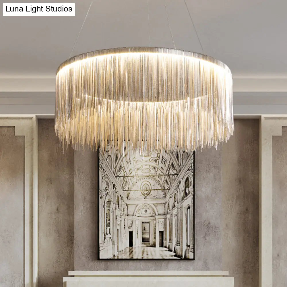 Modern Circular Metal Tassel Chain Chandelier - Living Room Pendant Lamp With 3-Colored Led Lights