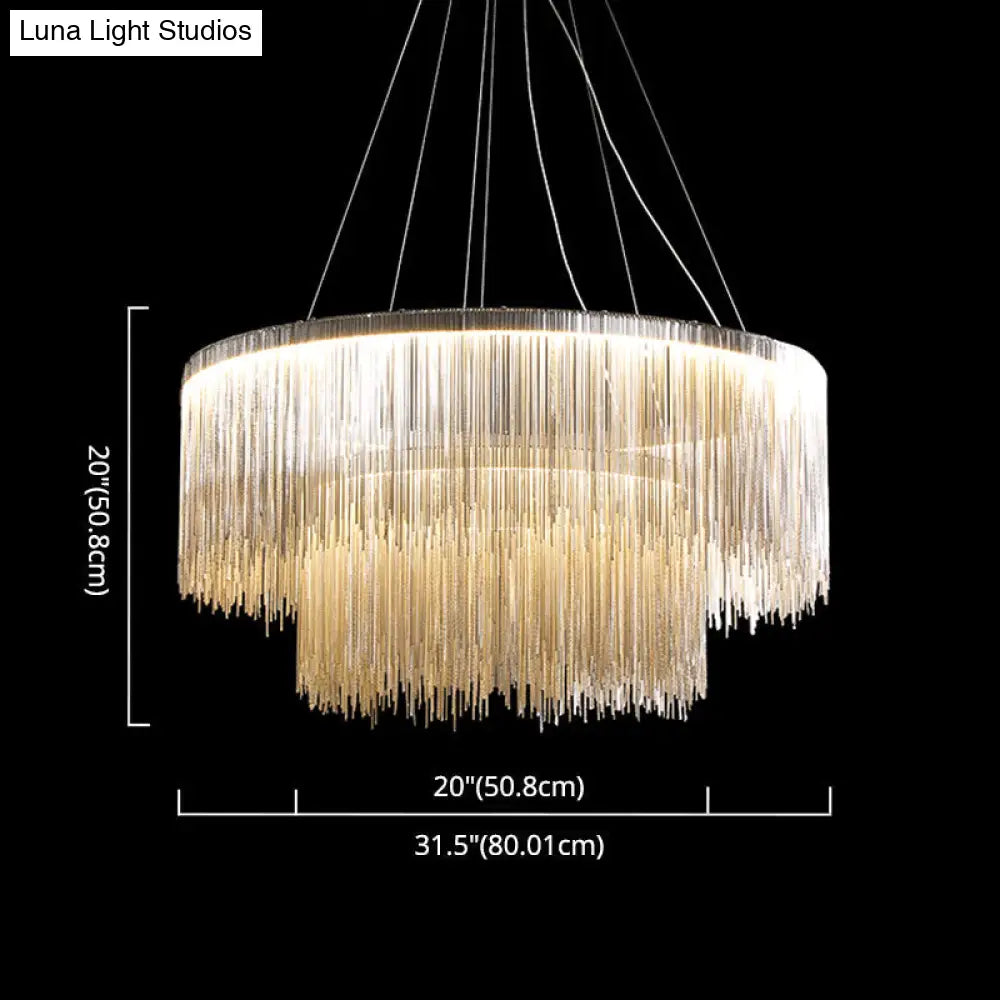 Modern Circular Metal Tassel Chain Chandelier - Living Room Pendant Lamp With 3-Colored Led Lights
