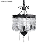 Modern Clear Crystal Beaded Pendant Light With Drum Shade - 3-Light Chandelier In Black