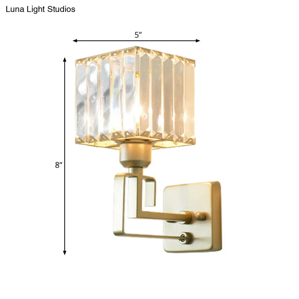 Modern Clear Crystal Block Wall Sconce Light With Gold Finish Ideal For Bedroom Lighting