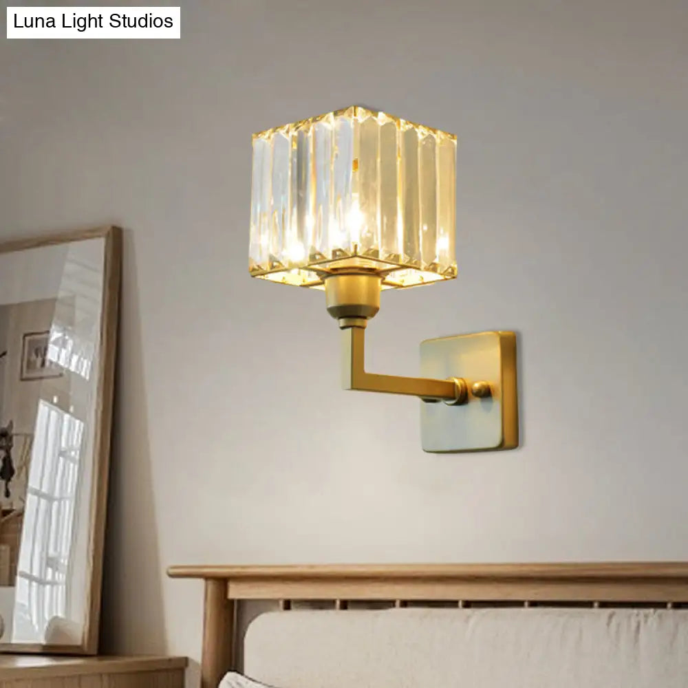 Modern Clear Crystal Block Wall Sconce Light With Gold Finish Ideal For Bedroom Lighting