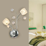 Modern Clear Crystal Chrome Wall Lamp With Swirling Arm And Flower Shade- 2 Bulbs Surface Sconce