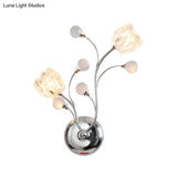 Modern Clear Crystal Chrome Wall Lamp With Swirling Arm And Flower Shade- 2 Bulbs Surface Sconce