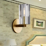 Modern Clear Crystal Cylinder Wall Lamp With Brass Backplate - 1 Light Fixture