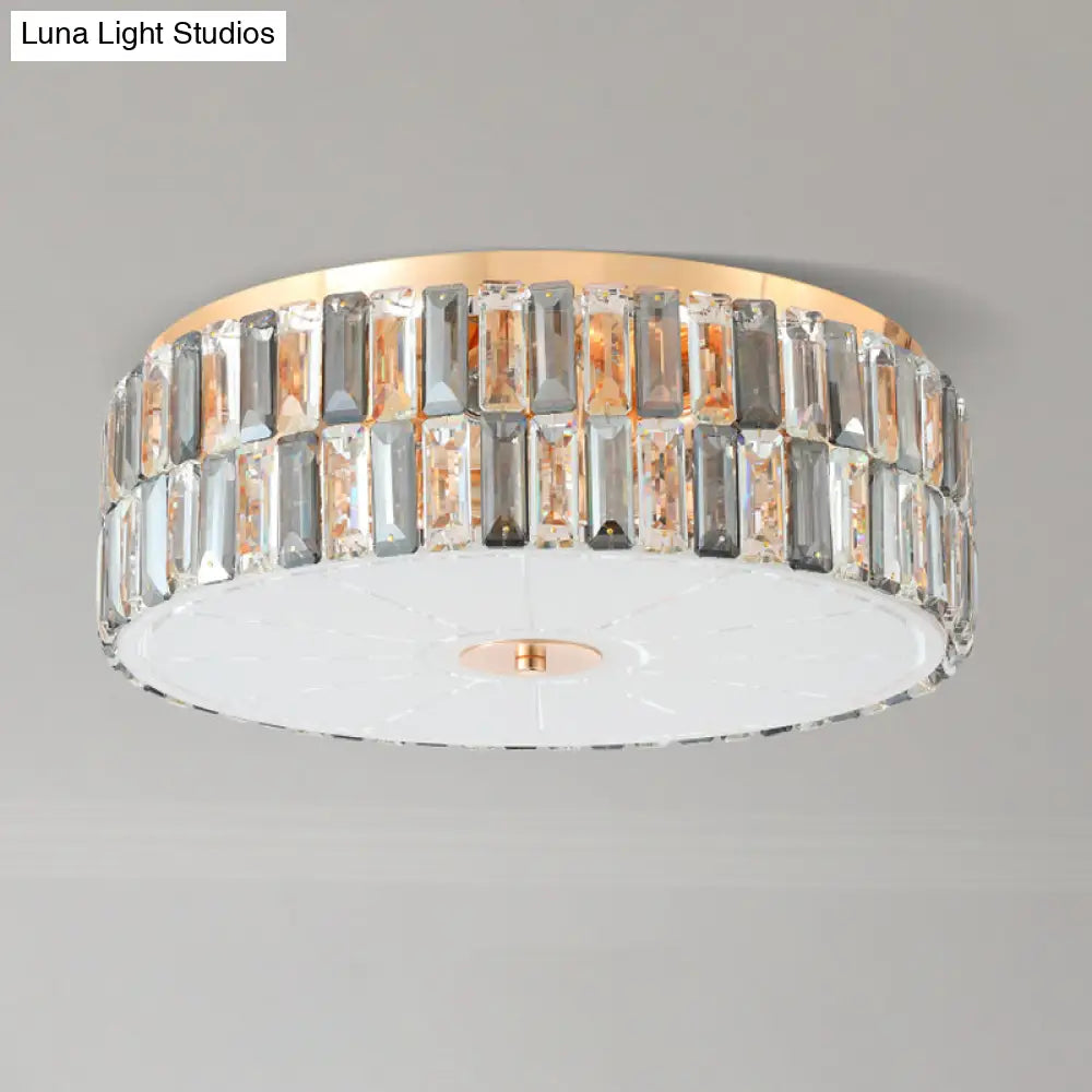 Modern Clear Crystal Drum Flush Light Fixture With 6 Bulbs - Elegant Bedchamber Ceiling Lamp