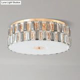 Modern Clear Crystal Drum Flush Light Fixture With 6 Bulbs - Elegant Bedchamber Ceiling Lamp