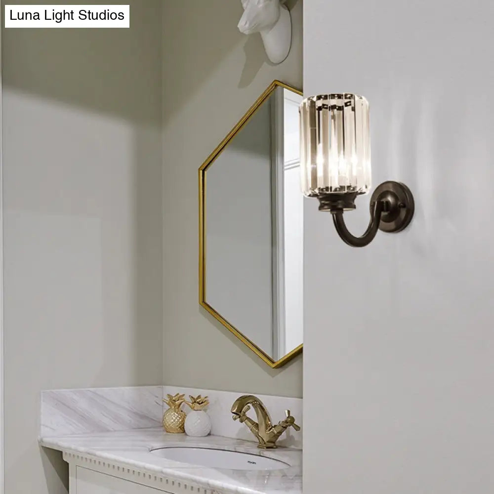 Modern Clear Crystal Drum Wall Lamp With Metal Curved Arm - Black Sconce Light Fixture