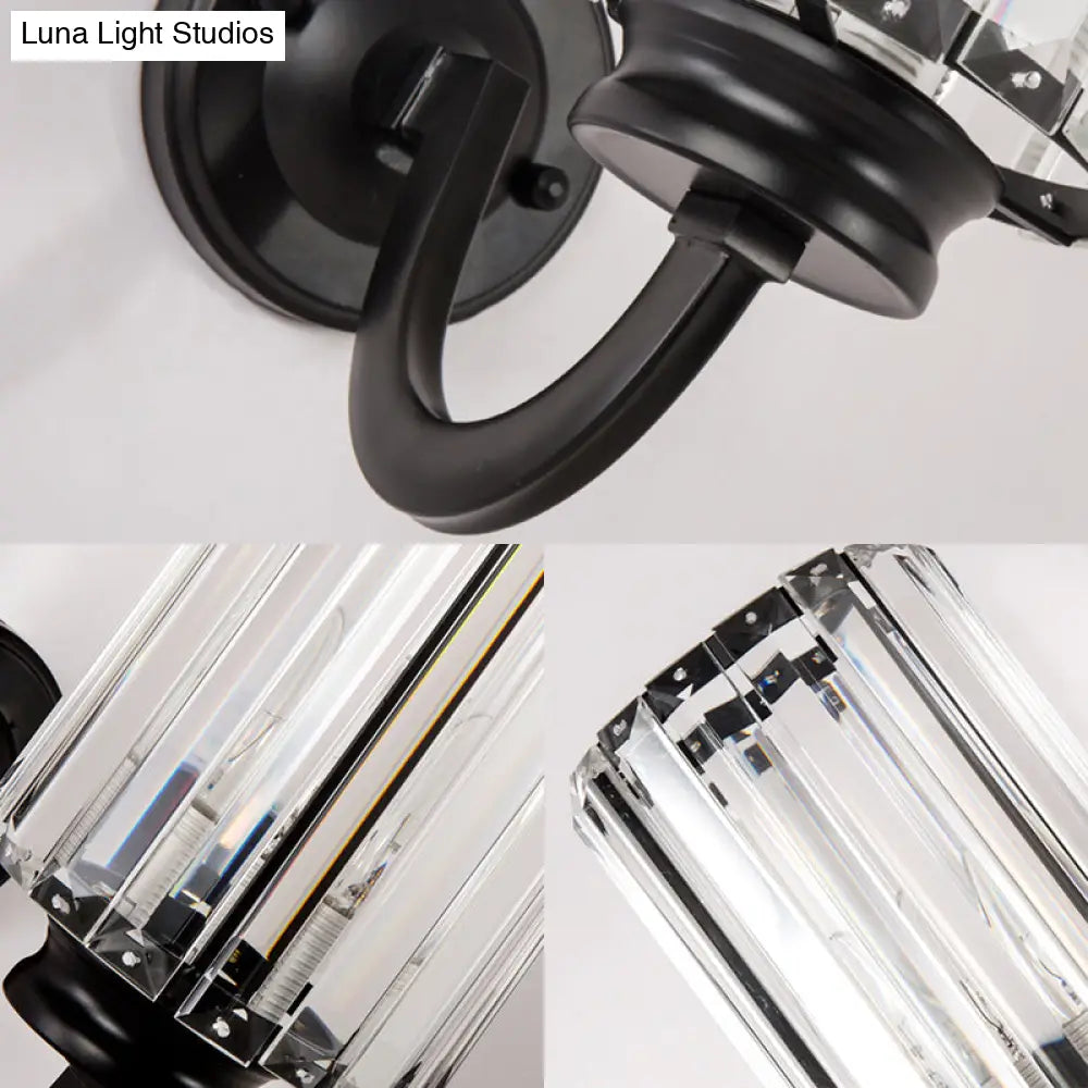 Modern Clear Crystal Drum Wall Lamp With Metal Curved Arm - Black Sconce Light Fixture