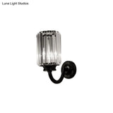 Modern Clear Crystal Drum Wall Lamp With Metal Curved Arm - Black Sconce Light Fixture