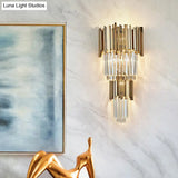 Modern Clear Crystal Tiered 2-Bulb Golden Wall Sconce Light - 8/12 W Metal