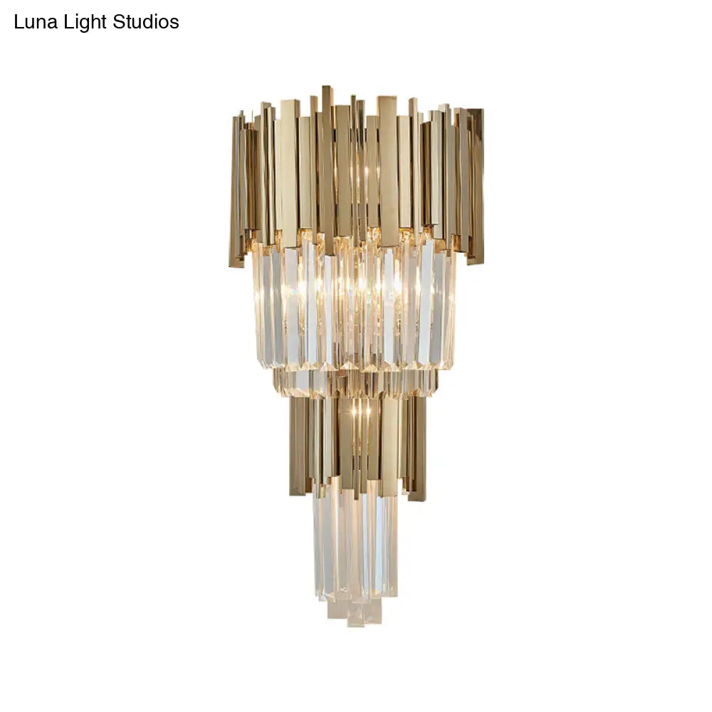 Modern Clear Crystal Tiered 2-Bulb Golden Wall Sconce Light - 8/12 W Metal