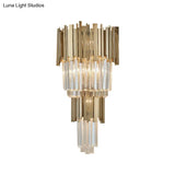 Modern Clear Crystal Tiered 2-Bulb Golden Wall Sconce Light - 8/12 W Metal