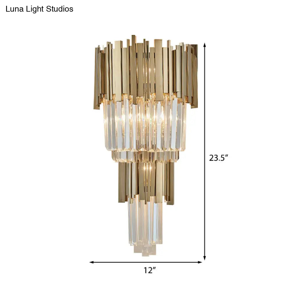 Modern Clear Crystal Tiered 2-Bulb Golden Wall Sconce Light - 8/12 W Metal
