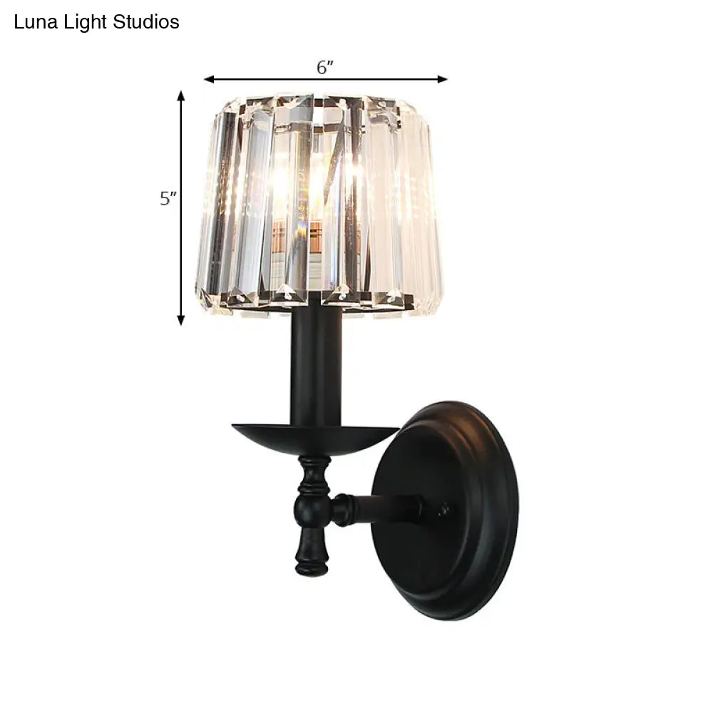 Modern Clear Crystal Wall Lamp: 1-Head Bedside Sconce Light In Black Curved/Straight Arm