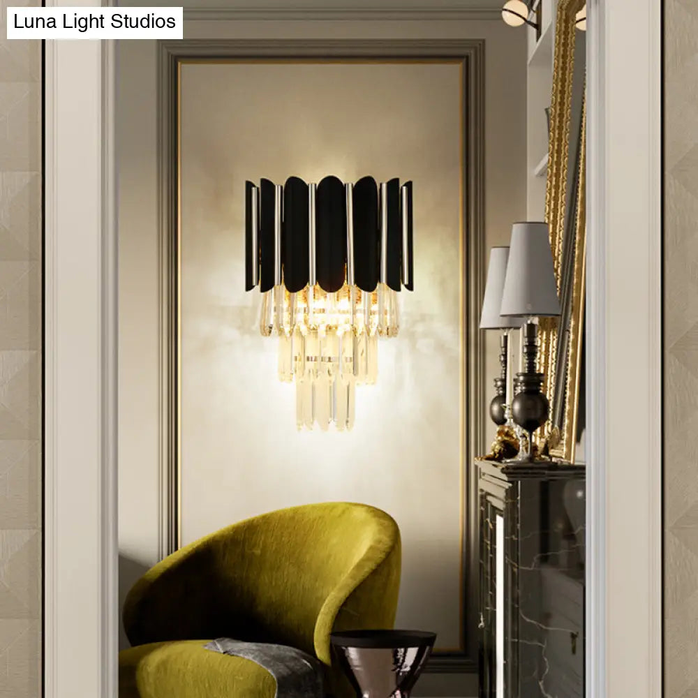 Modern Clear Crystal Wall Sconce Light - Black Tiered Design With 2 Lights