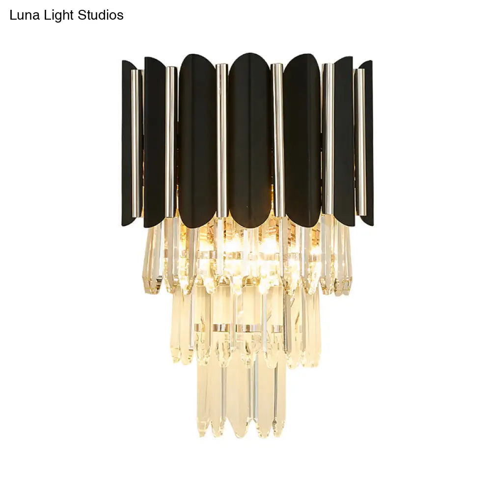 Modern Clear Crystal Wall Sconce Light - Black Tiered Design With 2 Lights