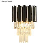 Modern Clear Crystal Wall Sconce Light - Black Tiered Design With 2 Lights
