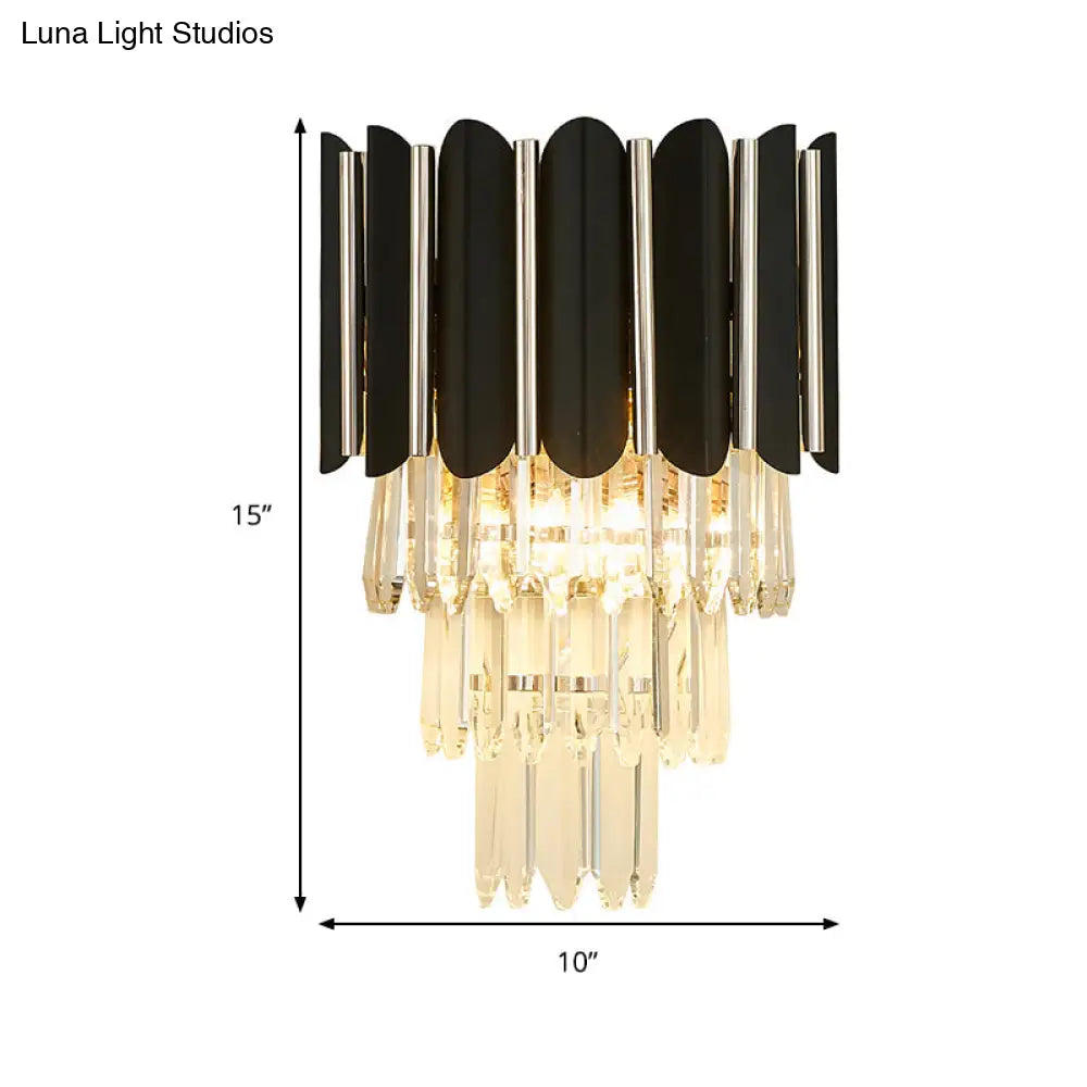 Modern Clear Crystal Wall Sconce Light - Black Tiered Design With 2 Lights