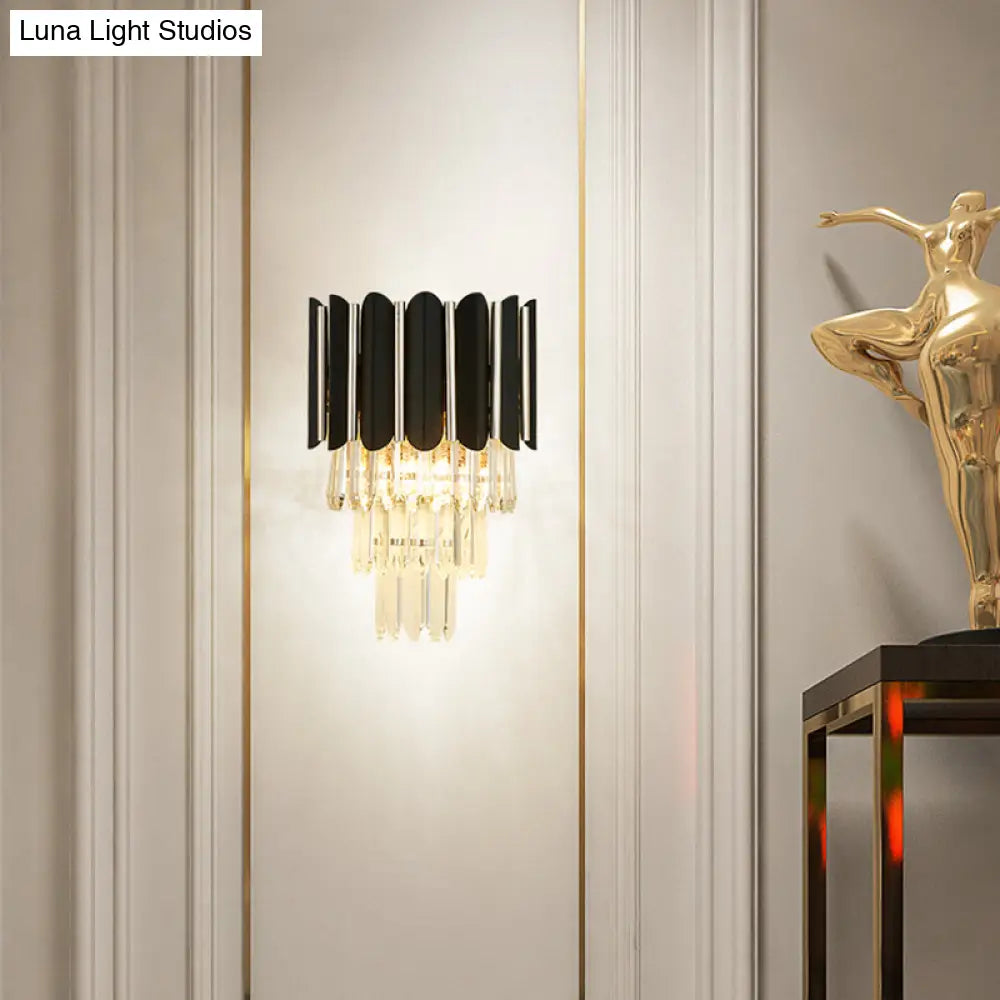 Modern Clear Crystal Wall Sconce Light - Black Tiered Design With 2 Lights