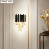 Modern Clear Crystal Wall Sconce Light - Black Tiered Design With 2 Lights