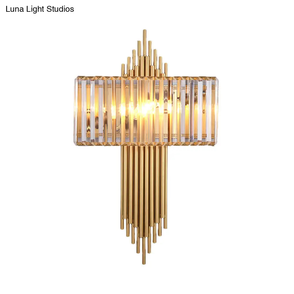 Modern Clear Crystal Wall Sconce With 2 Golden Lights For Bedside - 14.5/16.5 W Rectangular Lighting
