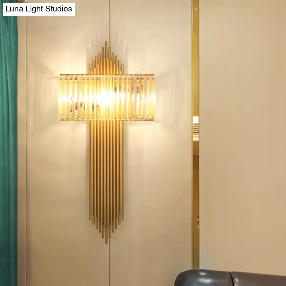 Modern Clear Crystal Wall Sconce With 2 Golden Lights For Bedside - 14.5/16.5 W Rectangular Lighting