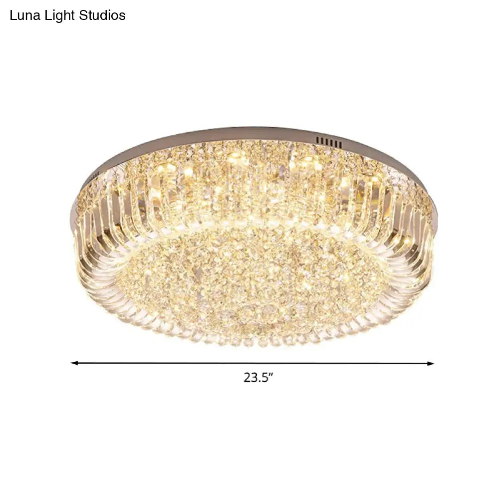 Modern Clear Faceted Crystal Drum Led Ceiling Light Fixture - Flush Mount; Warm/White/3 Color