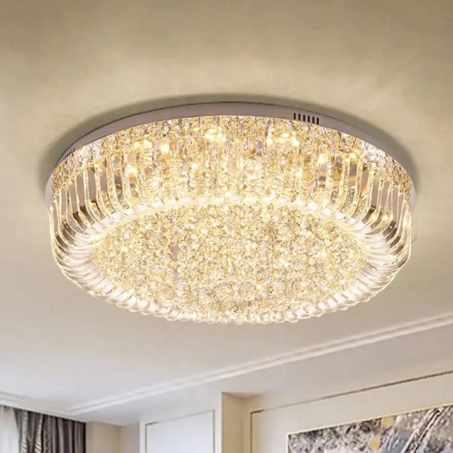 Modern Clear Faceted Crystal Drum Led Ceiling Light Fixture - Flush Mount; Warm/White/3 Color
