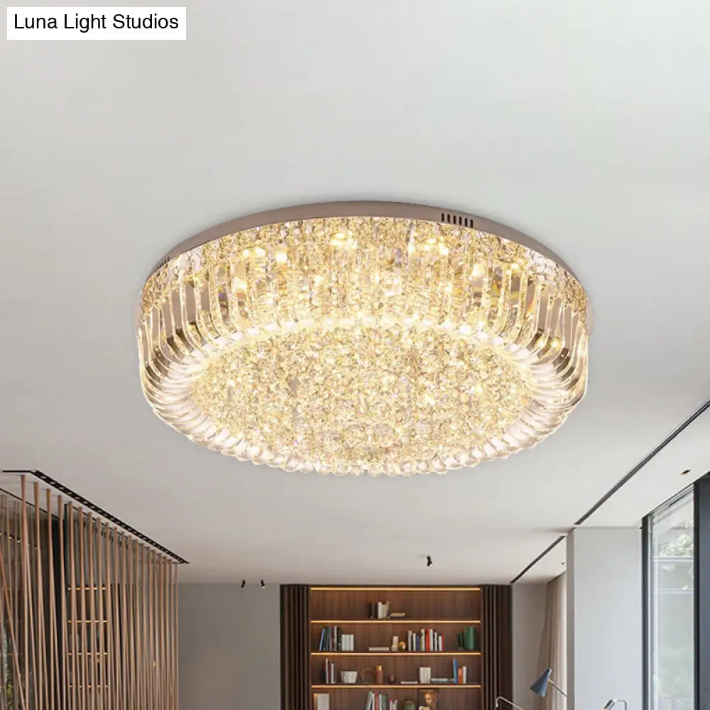 Modern Clear Faceted Crystal Drum Led Ceiling Light Fixture - Flush Mount; Warm/White/3 Color