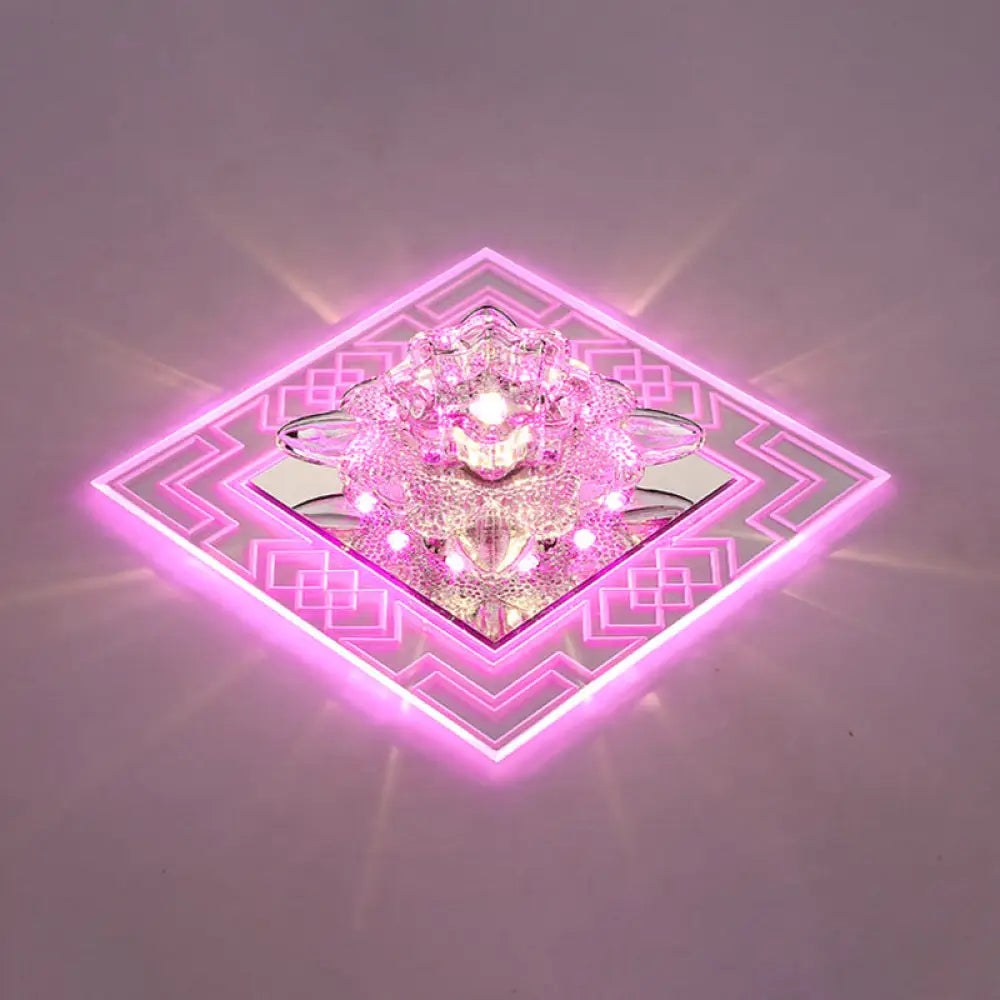 Modern Clear Floral Crystal Led Flush Mount Ceiling Light For Passage / Pink