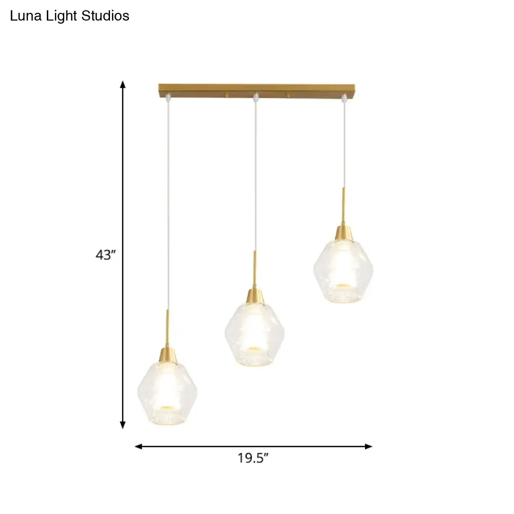 Modern Clear Glass 3-Bulb Gold Cluster Pendant Light - Dual-Shade Diamond Ceiling Hand Lamp