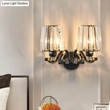 Modern Clear Glass Conic Wall Lamp - 1/2-Bulb Black Sconce Lighting With Crystal Decor