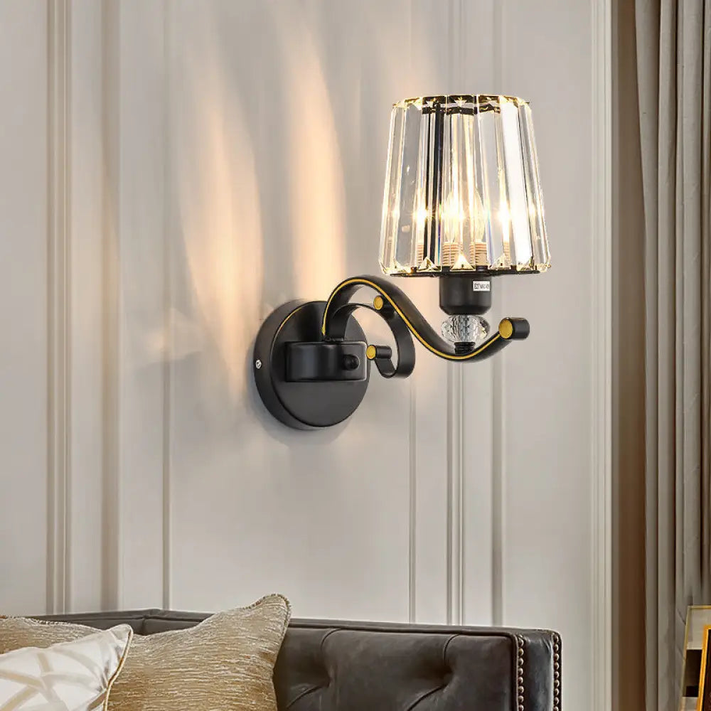 Modern Clear Glass Conic Wall Lamp - 1/2-Bulb Black Sconce Lighting With Crystal Decor 1 /